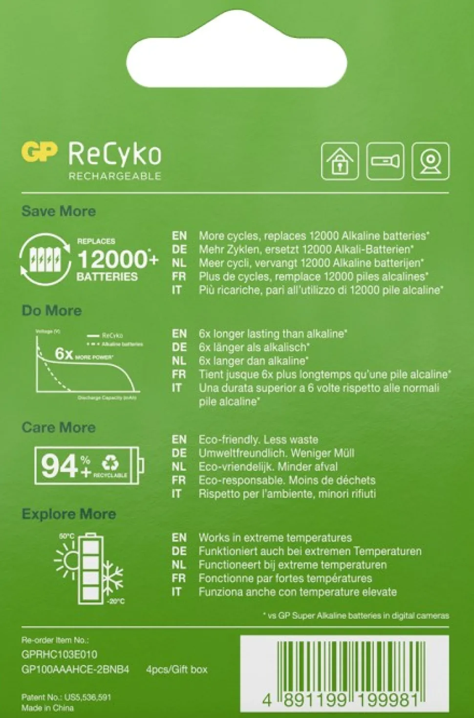 Gp Recyko Ladattava Aaa-Paristo 950Mah, 4 Kpl