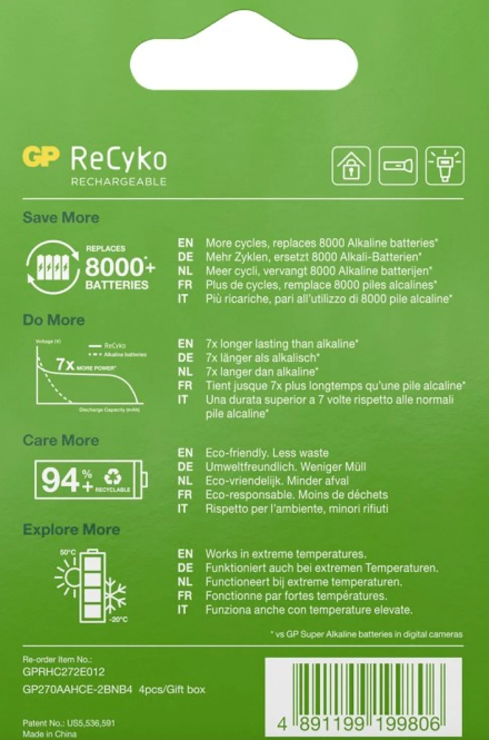 Gp Recyko Ladattava Aa-Paristo 2600Mah, 4 Kpl