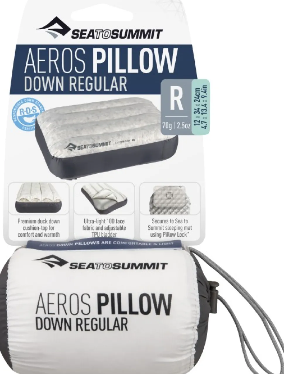 Sea To Summit Pillow Aeros Down Taytettava Untuvatyyny, Regular, Harmaa